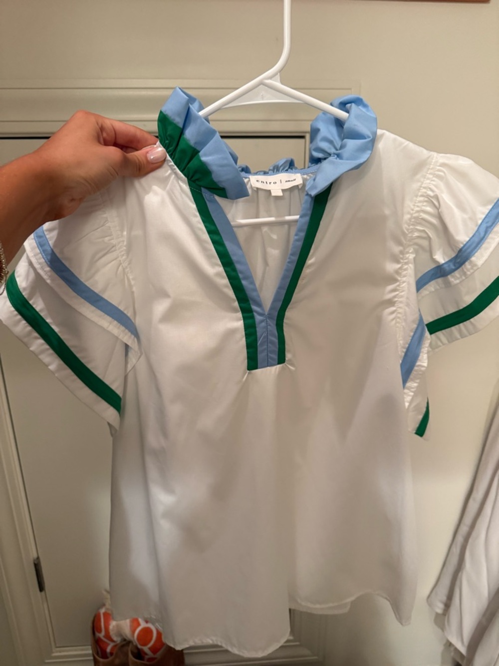 entro Light Blue Ruffle Collar Blouse with Green Trim